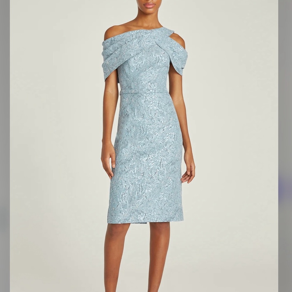 Theia Valentina Dress in Glacier One Shoulder Jacquard Sheath Stretch Floral S 4